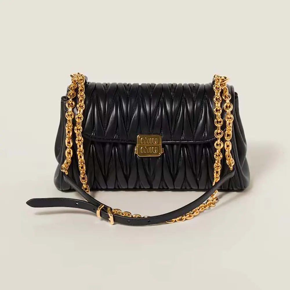 Front view of Miu Miu Women Matelassé Nappa Leather Shoulder Bag-Black