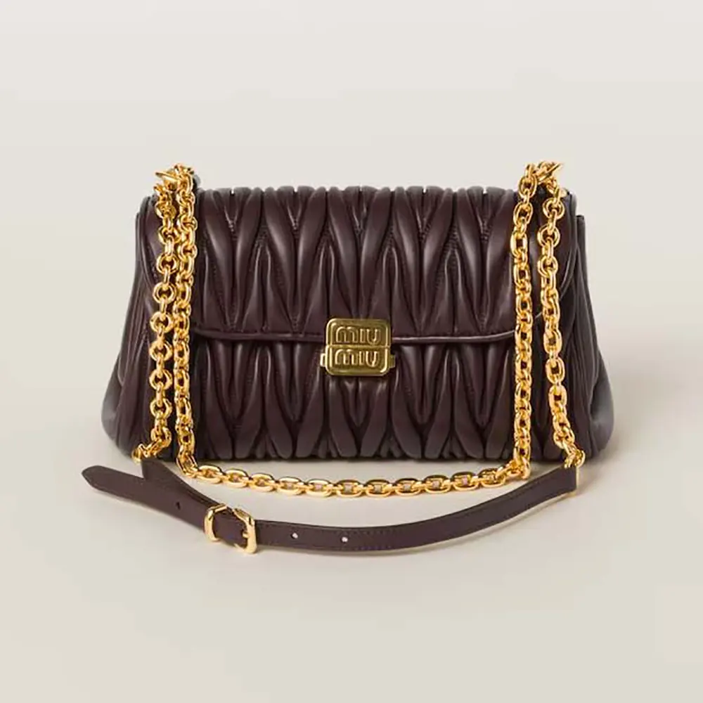 Front angle of Miu Miu Women Matelassé Nappa Leather Shoulder Bag-Bordeaux
