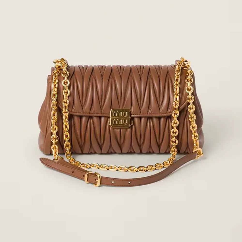 Front view of Miu Miu Women Matelassé Nappa Leather Shoulder Bag-Brown showing quilted detail