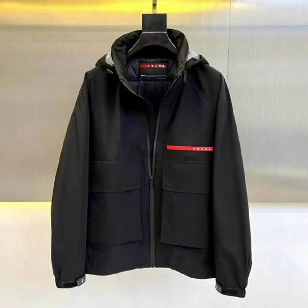 Close-up of Prada Men GORE-TEX PRO Jacket-Black branded hardware detail
