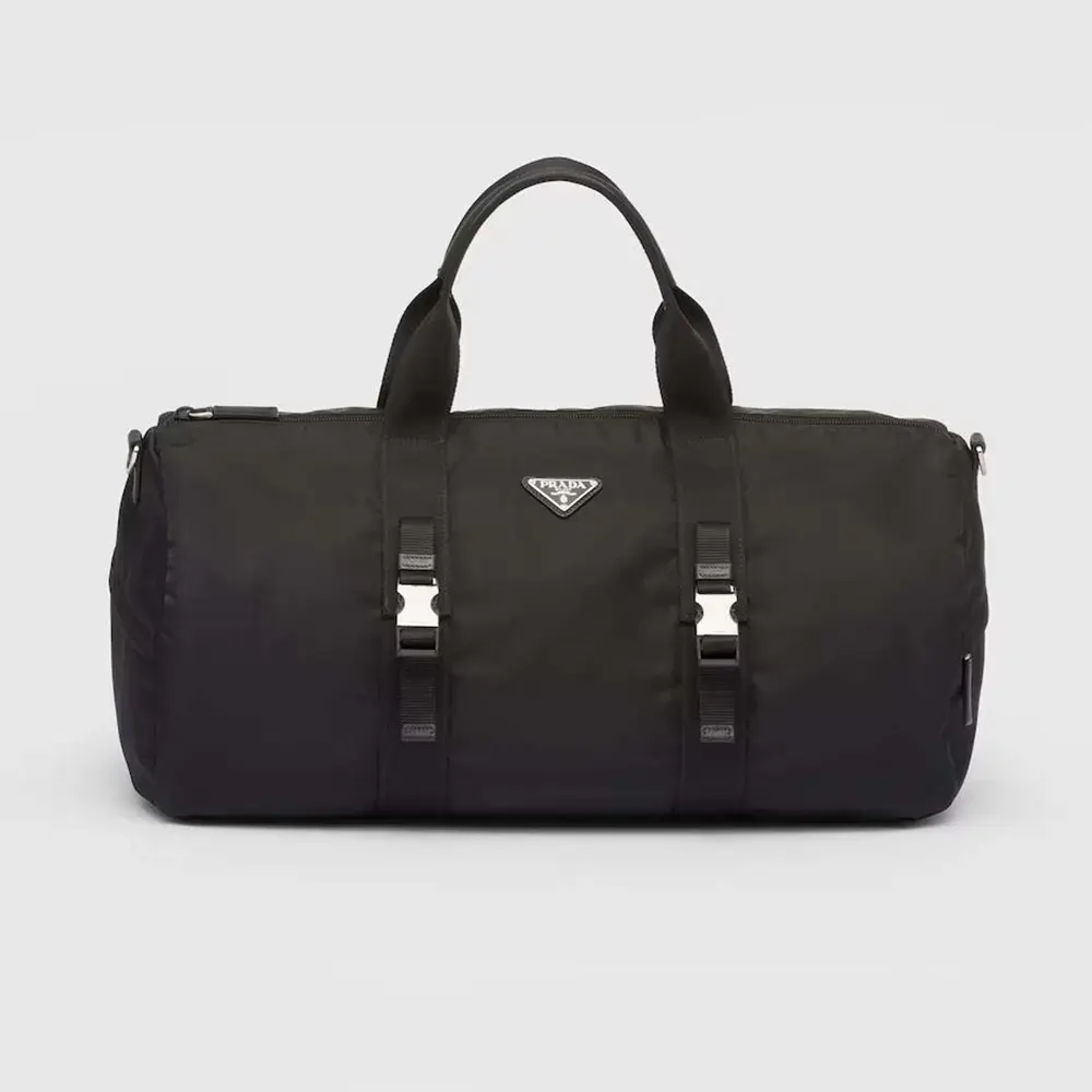 Front view of Prada Unisex Re-Nylon and Saffiano Leather Duffle Bag-Black