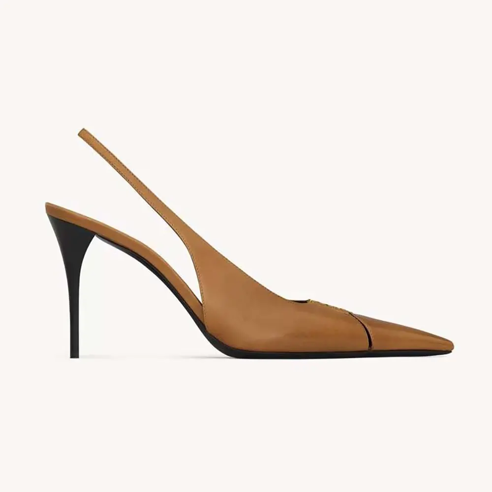 Side angle of Saint Laurent YSL Women Babylone Breteuil Slingback Pumps in brown leather