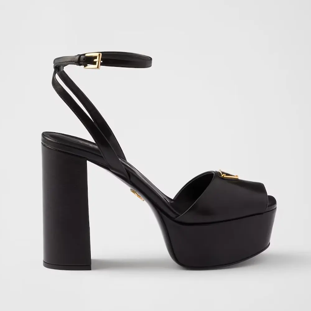 Side view of Prada Women Nappa Leather Platform Sandals-Black showing silhouette