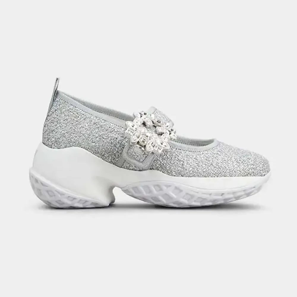 Side view of Roger Vivier Women Viv’ Run Babies Sneakers in Lurex-Silver