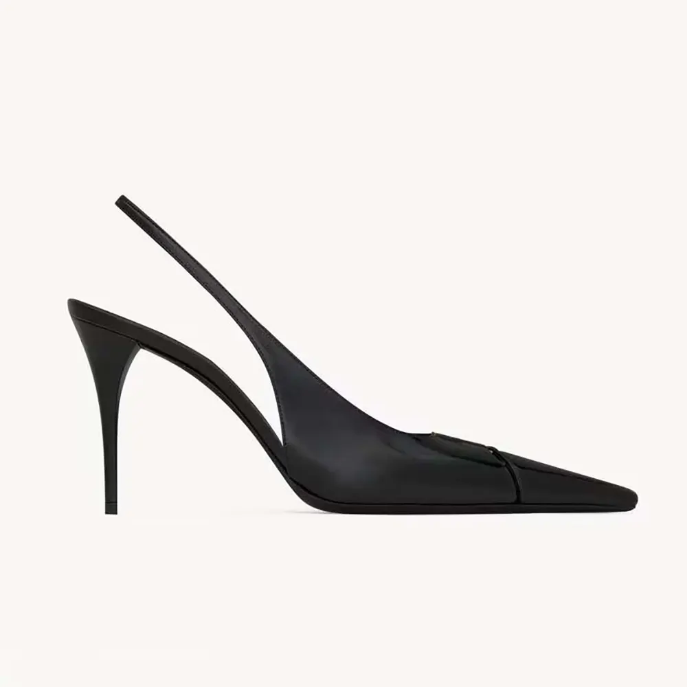 Side view of Saint Laurent YSL Women Babylone Breteuil Slingback Pumps in black leather