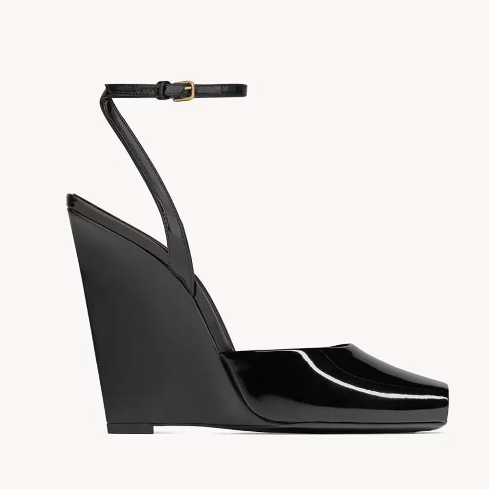 Side view of Saint Laurent YSL Women La Scandale Wedges in black patent leather