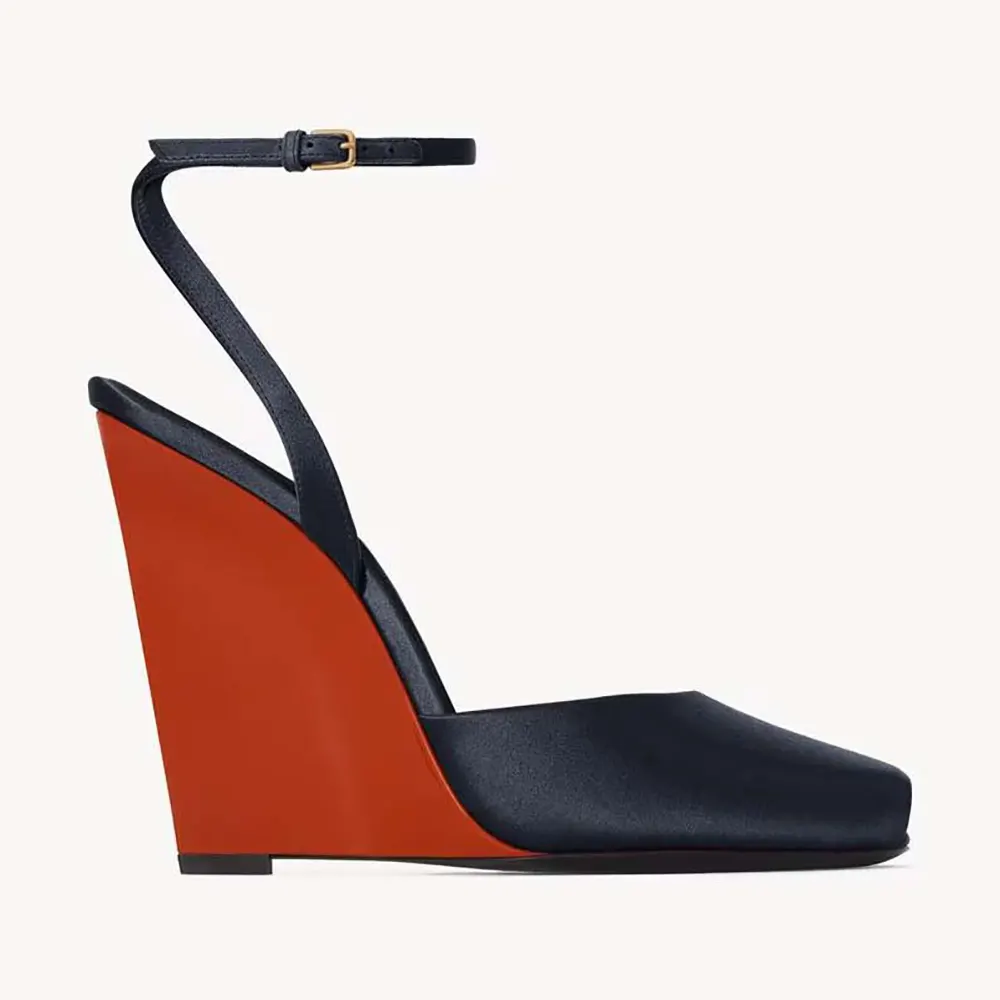 Side profile of Saint Laurent YSL Women La Scandale Wedges in Satin Crepe-Black