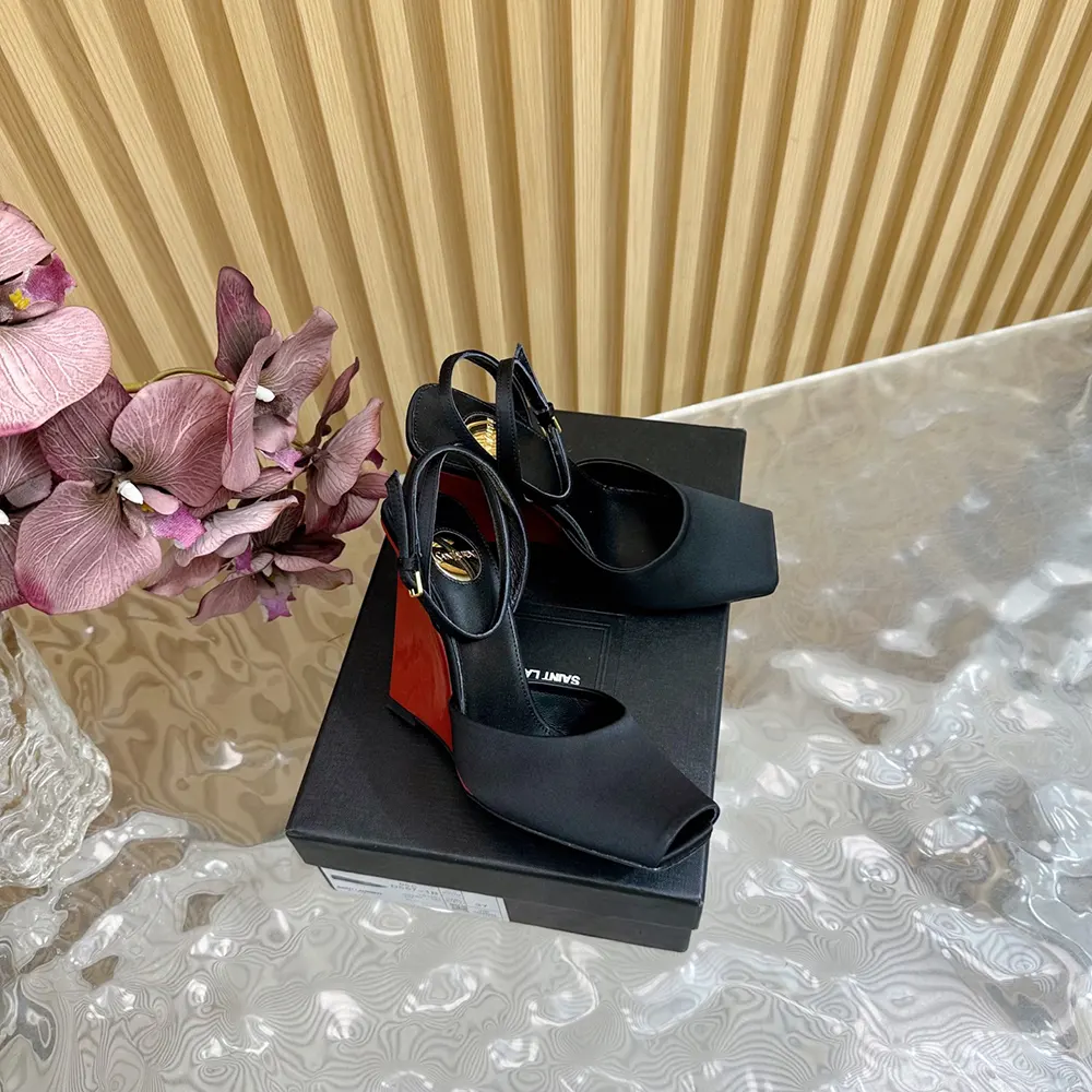Saint Laurent YSL Women La Scandale Wedges in Satin Crepe-Black - image 9