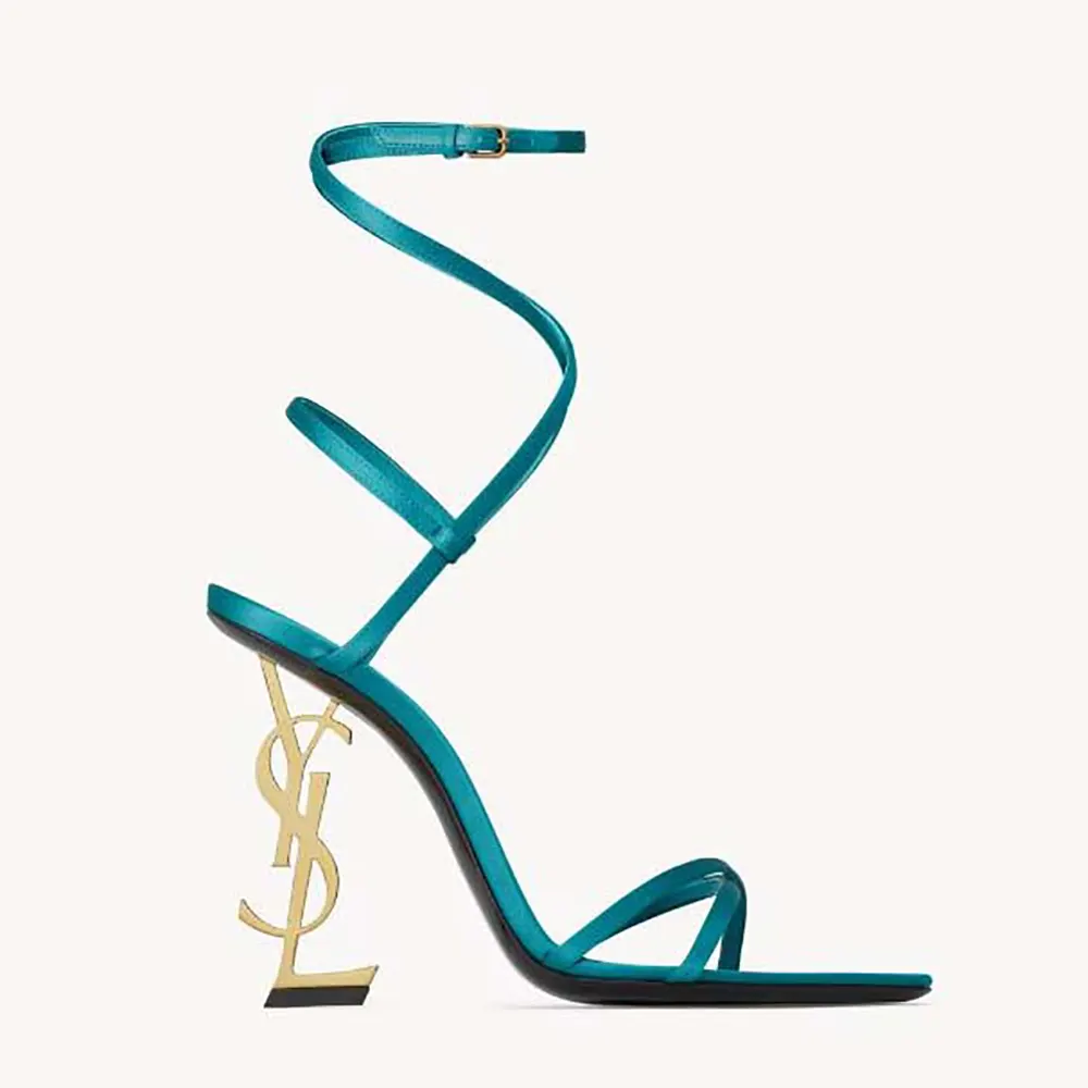 Front side view of Saint Laurent YSL Women Opyum Sandals in satin crepe-blue