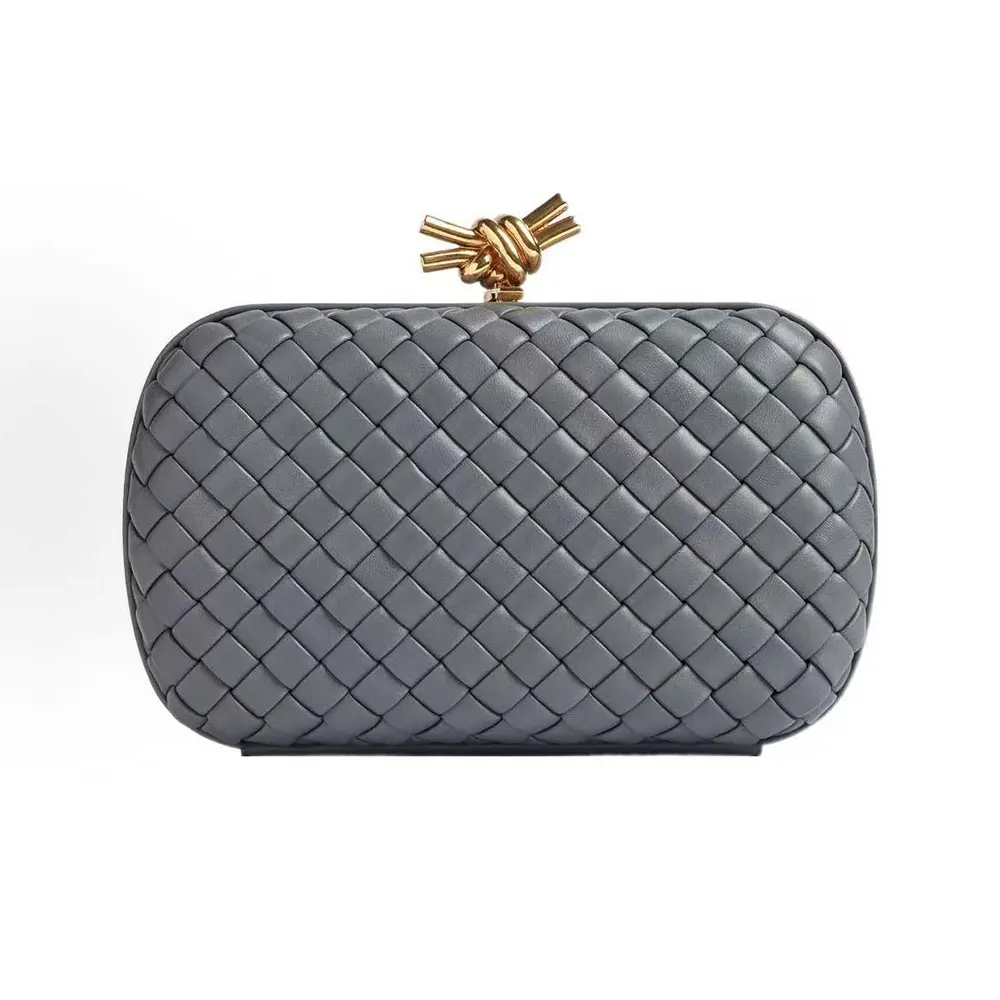 Front angle of Bottega Veneta Women Knot Minaudière Clutch in Grey