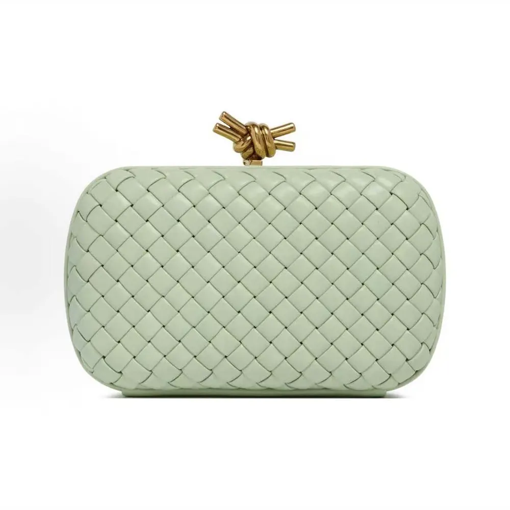 Front view of Bottega Veneta Women Knot Minaudière Clutch in Lime leather