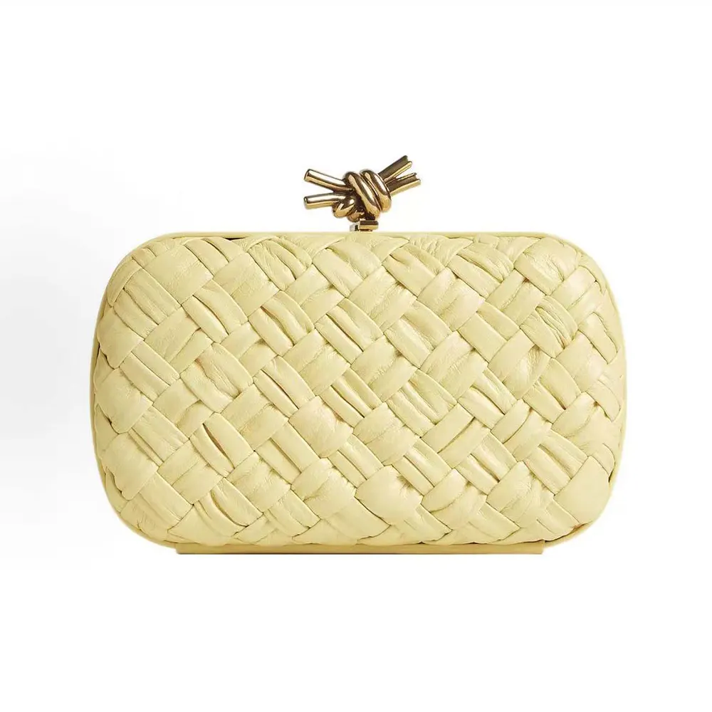 Front view of Bottega Veneta Women Knot Minaudière Clutch in yellow calfskin leather