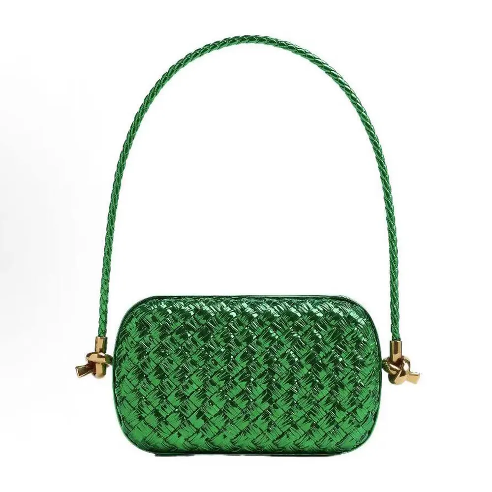 Front view of Bottega Veneta Women Knot Minaudiere On Strap-Green showing green leather and knot closure