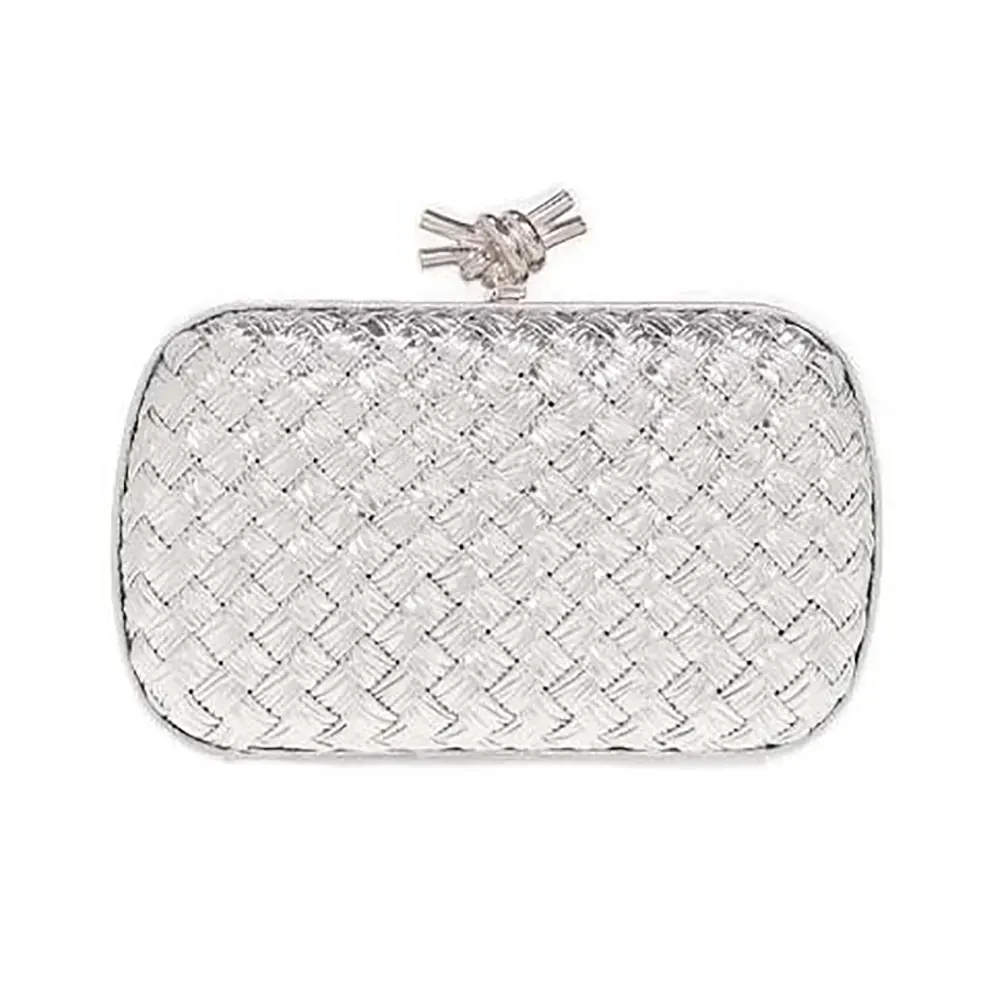Front view of Bottega Veneta Women Knot Pressed Intreccio Laminated Leather Minaudiere-Silver