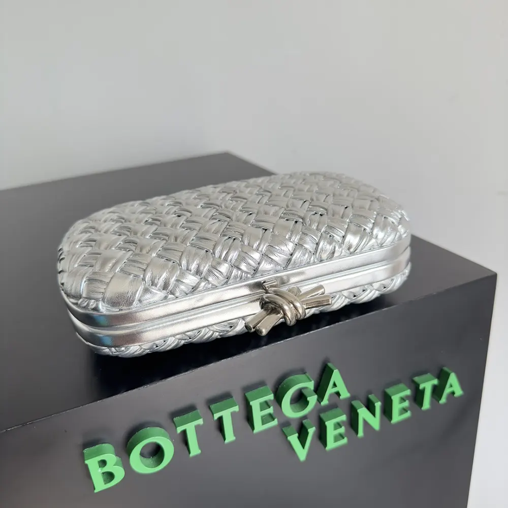 Bottega Veneta Women Knot Pressed Intreccio Laminated Leather Minaudiere-Silver - image 4