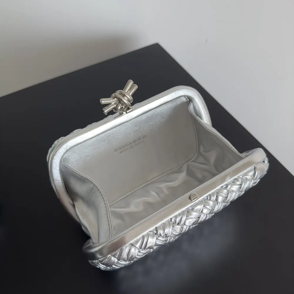 Bottega Veneta Women Knot Pressed Intreccio Laminated Leather Minaudiere-Silver - image 7