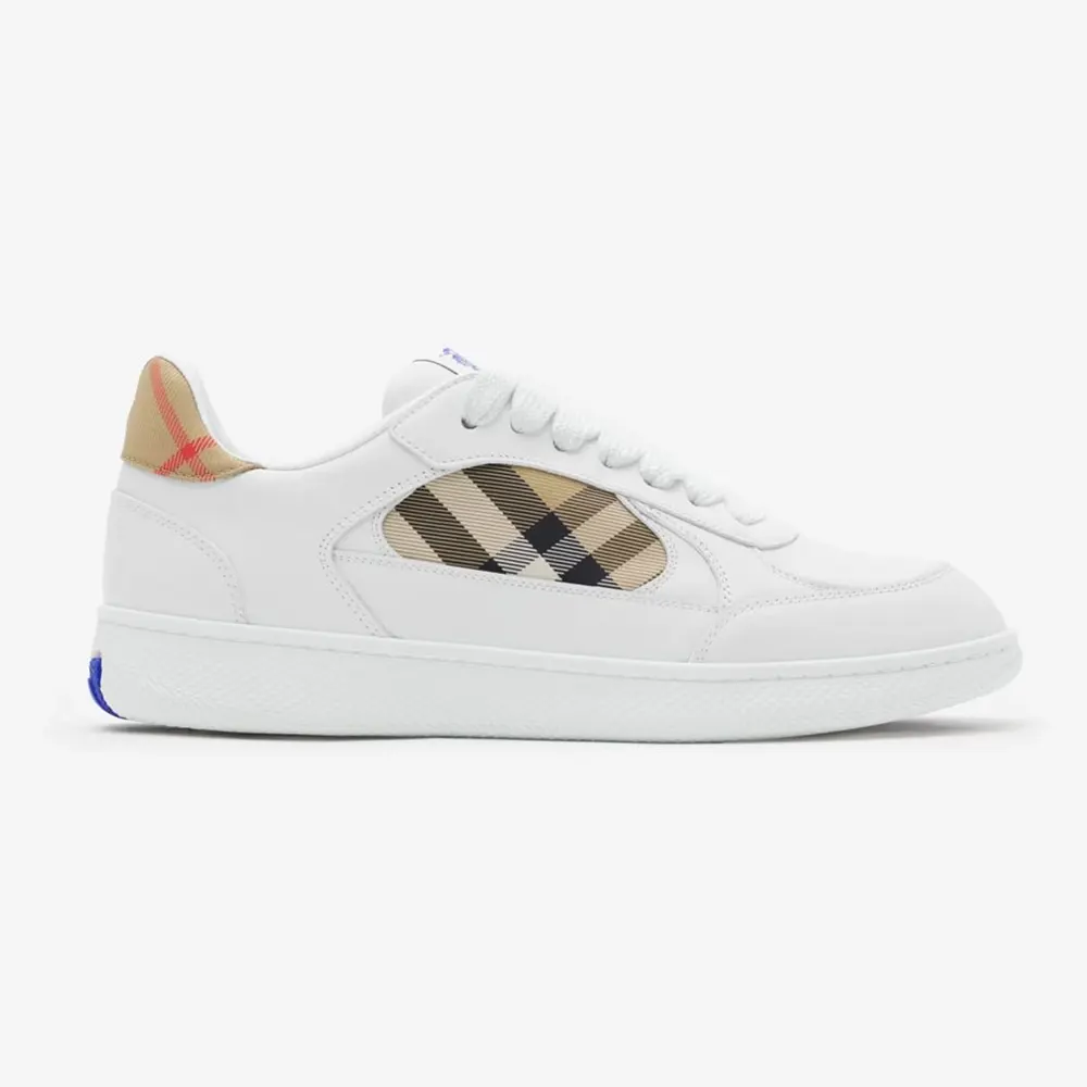 Side view of Burberry Unisex Leather and Check Terrace Sneakers in white
