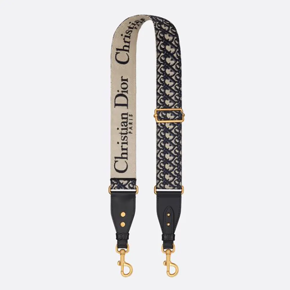 Front view of Dior Women Adjustable Shoulder Strap with Ring Blue Dior Oblique Embroidery