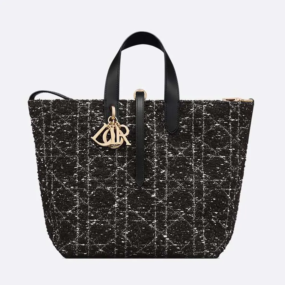 Front view of Dior Women Medium Dior Toujours Vertical Tote Bag Black Tweed