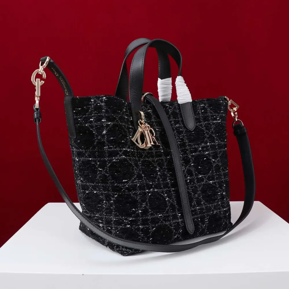 Dior Women Medium Dior Toujours Vertical Tote Bag Black Tweed with White Cannage Motif - image 5