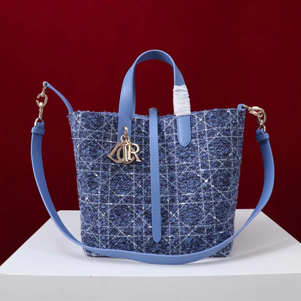 Front view of Dior Women Medium Dior Toujours Vertical Tote Bag Blue Tweed