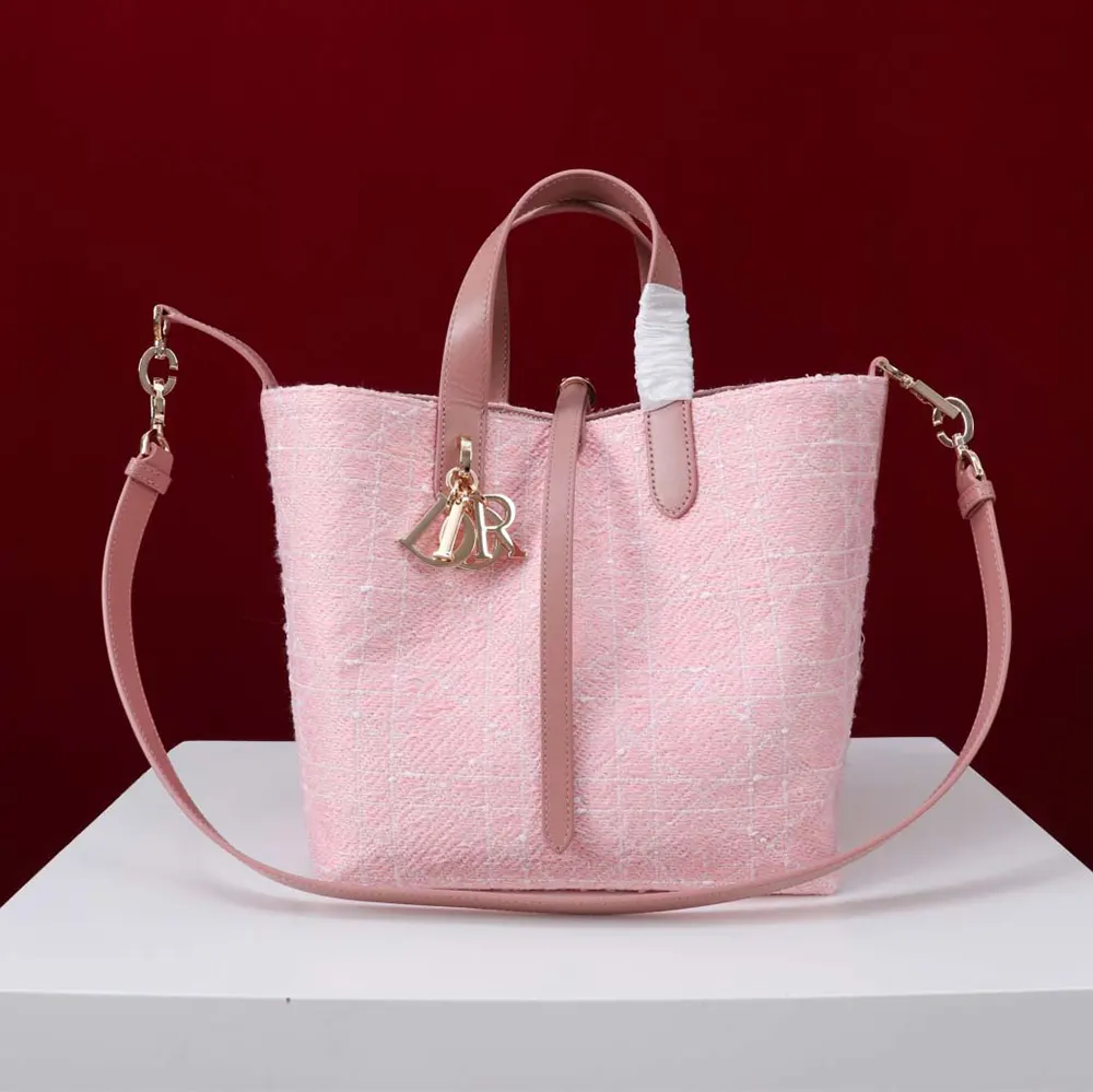 Front view of Dior Women Medium Dior Toujours Vertical Tote Bag Pink Tweed