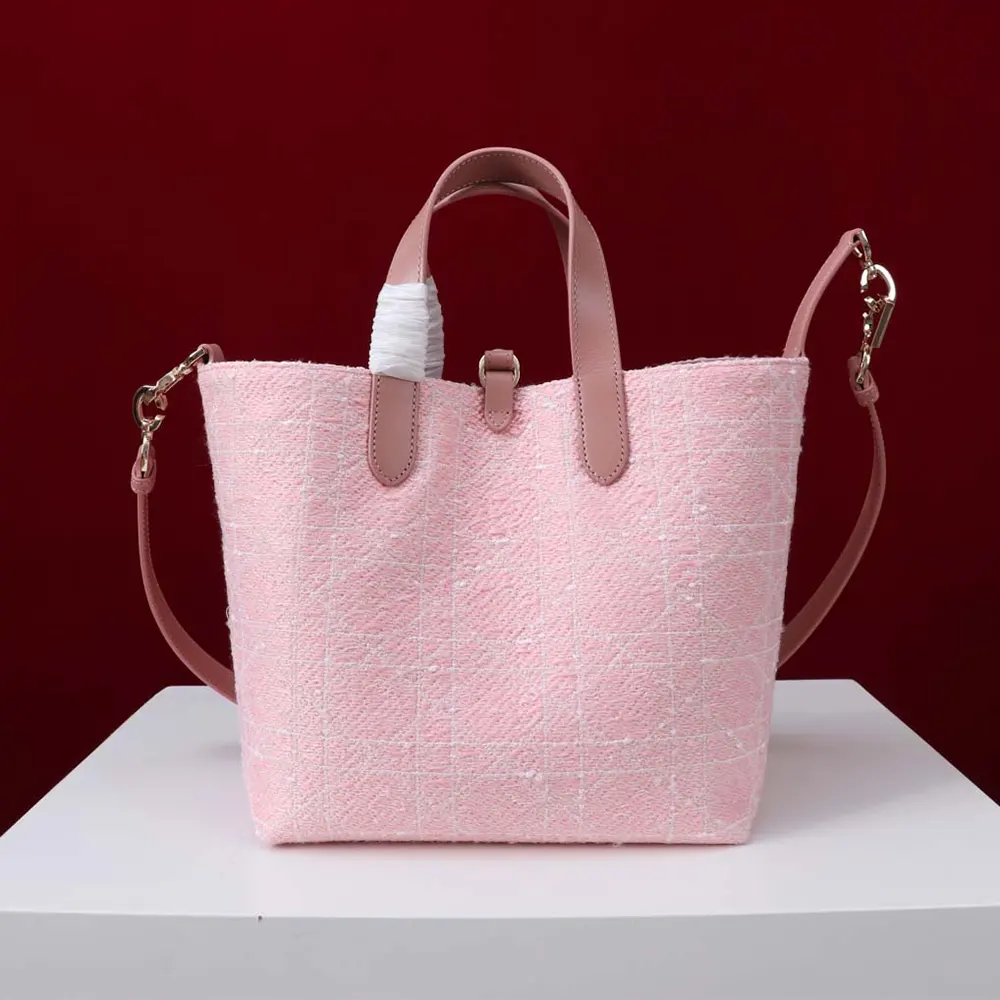 Dior Women Medium Dior Toujours Vertical Tote Bag Pink Tweed with White Cannage Motif - image 4