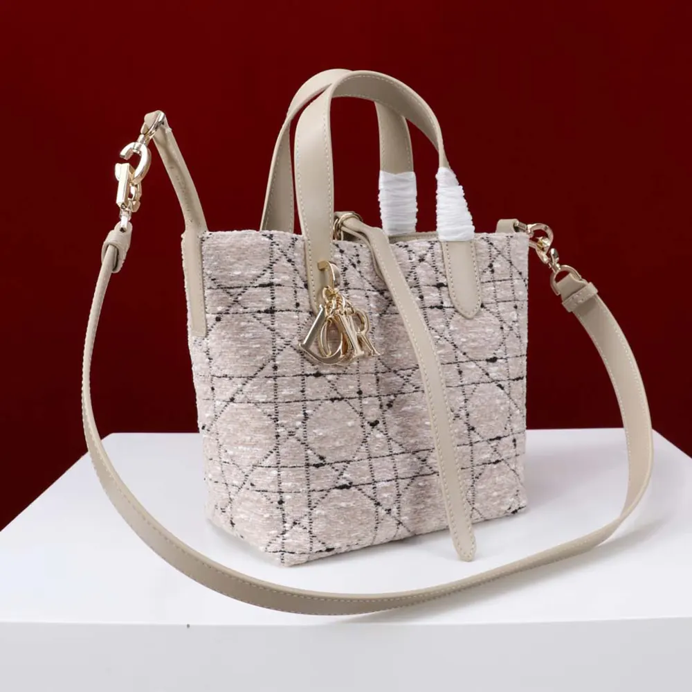 Dior Women Small Dior Toujours Vertical Tote Bag Beige Tweed with Black Cannage Motif - image 4