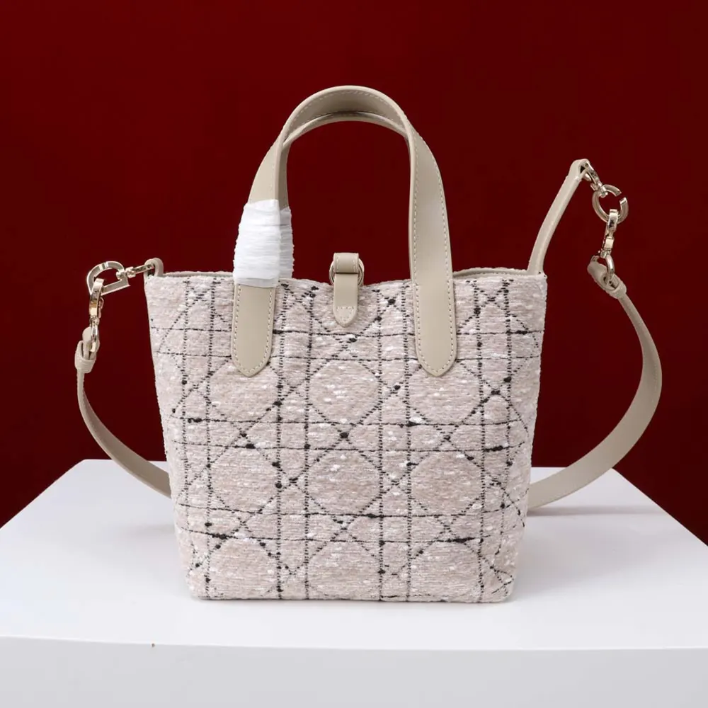 Side angle showing silver-tone hardware on Dior Women Small Dior Toujours Vertical Tote Bag