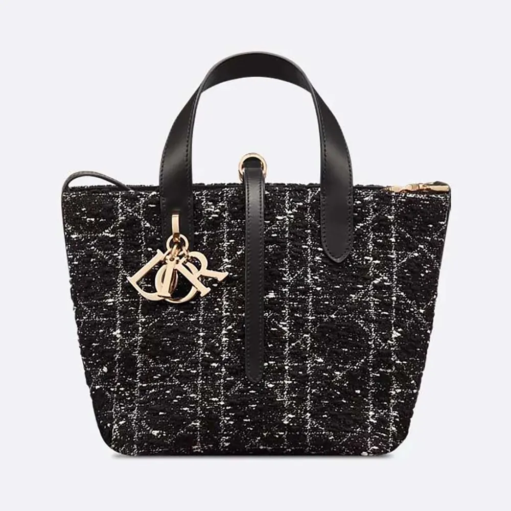 Front view of Dior Women Small Dior Toujours Vertical Tote Bag Black Tweed