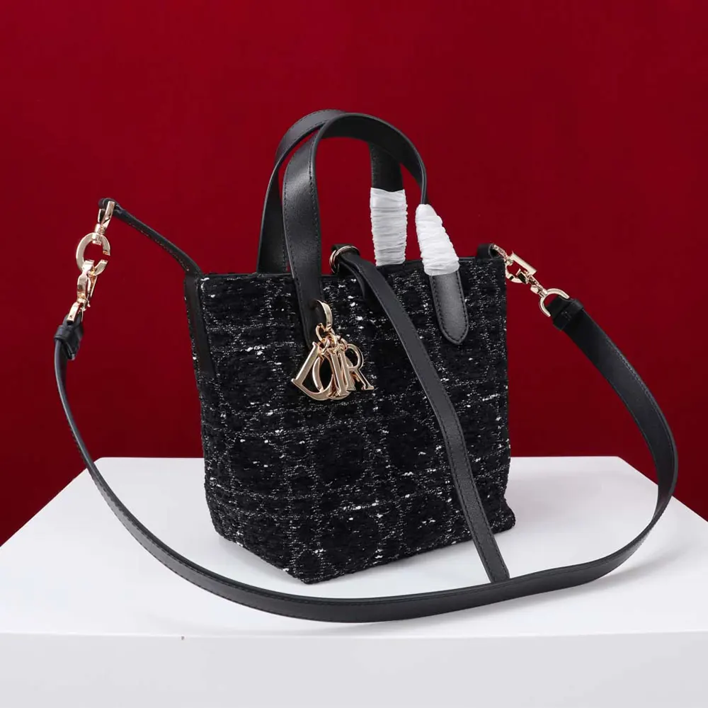 Dior Women Small Dior Toujours Vertical Tote Bag Black Tweed with White Cannage Motif - image 5