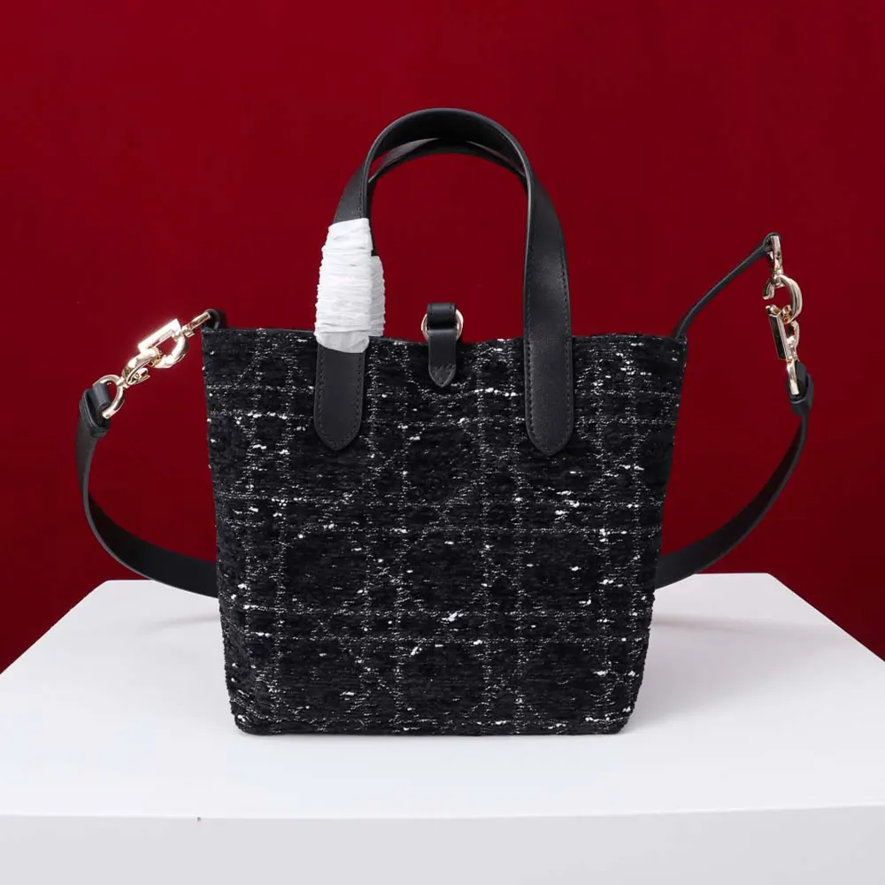 Dior Women Small Dior Toujours Vertical Tote Bag Black Tweed with White Cannage Motif - image 4