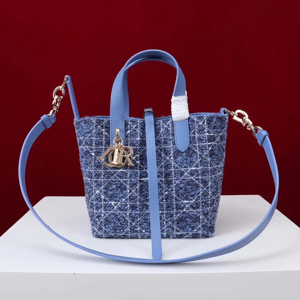 Front view of Dior Women Small Dior Toujours Vertical Tote Bag Blue Tweed with White Cannage Motif