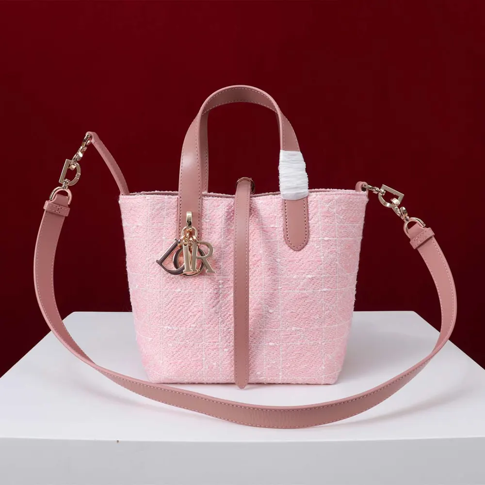 Front view of Dior Women Small Dior Toujours Vertical Tote Bag Pink Tweed