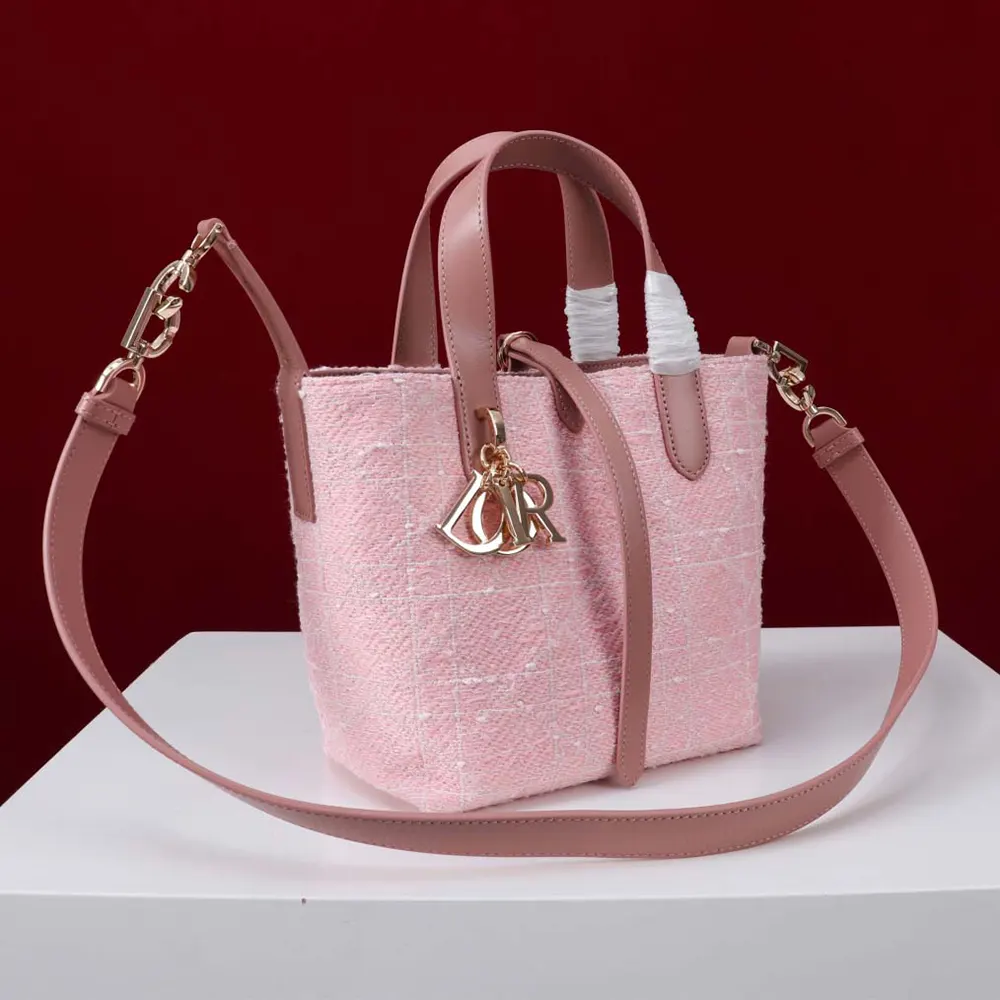 Dior Women Small Dior Toujours Vertical Tote Bag Pink Tweed with White Cannage Motif - image 4