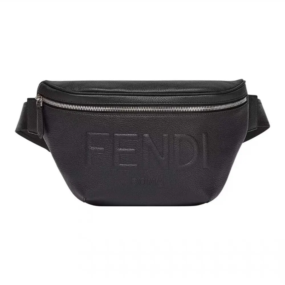 Front view of Fendi Men Diagonal Belt Bag Black Leather Belt Bag