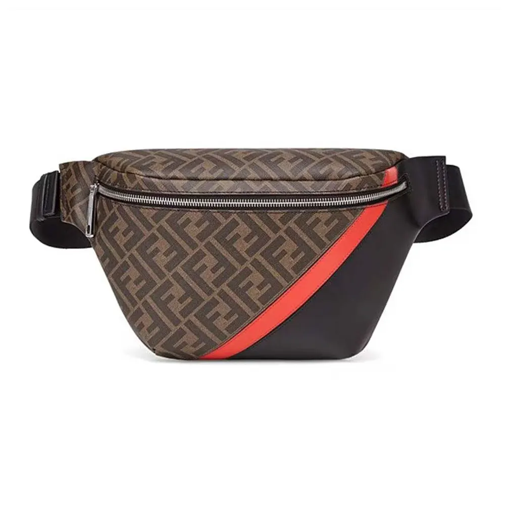Front view of Fendi Men Diagonal Belt Bag Gray Fabric Belt Bag-Red
