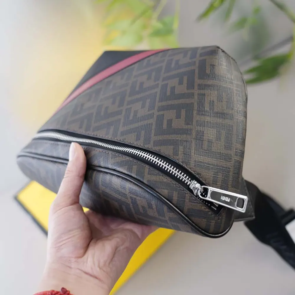 Fendi Men Diagonal Belt Bag Gray Fabric Belt Bag-Red - image 8
