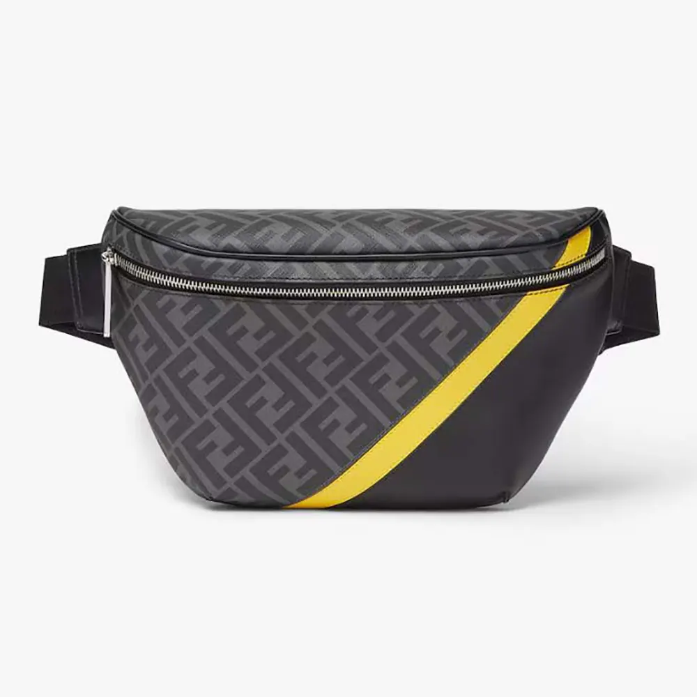 Front angled view of Fendi Men Diagonal Belt Bag Gray Fabric Belt Bag-Yellow