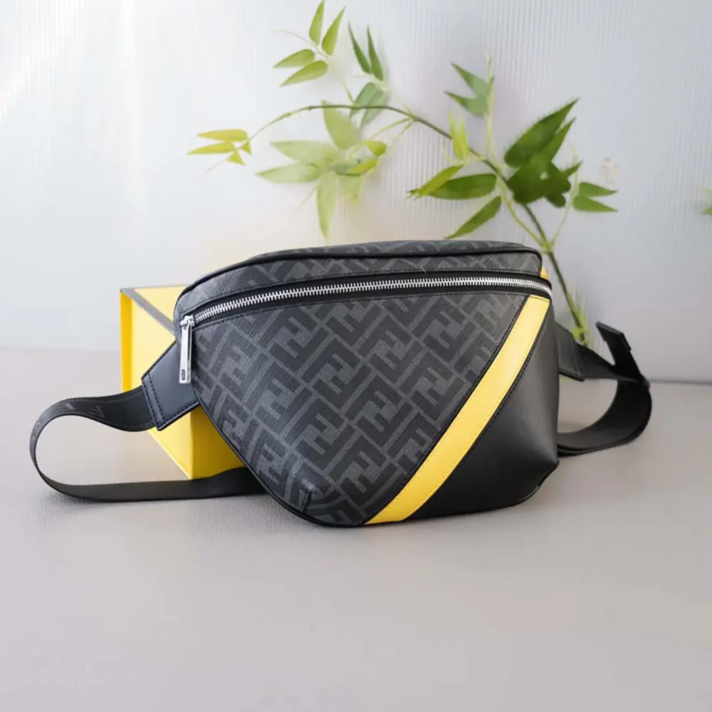 Close-up of gold-tone hardware and zipper on Fendi Men Diagonal Belt Bag Gray Fabric Belt Bag-Yellow