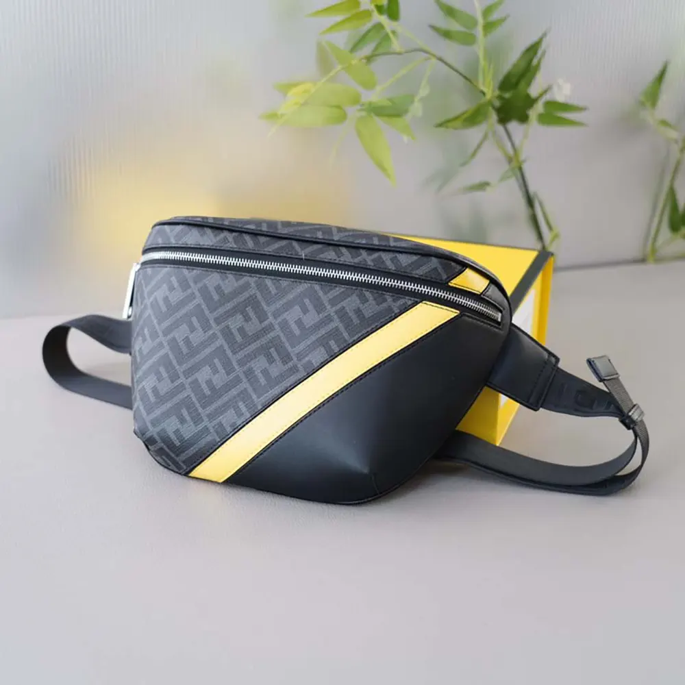 Side profile showcasing adjustable strap on Fendi Men Diagonal Belt Bag Gray Fabric Belt Bag-Yellow