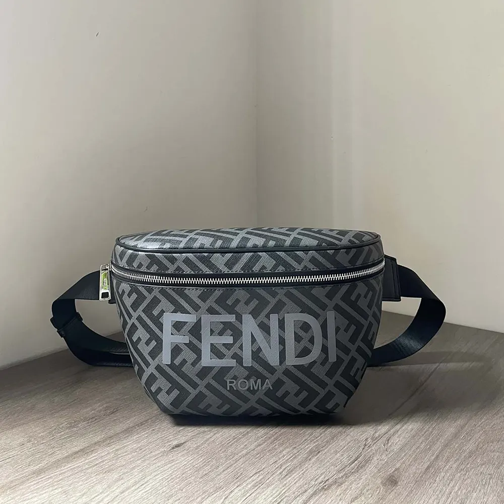 Close-up of Fendi Men Diagonal Belt Bag Leather-Gray silver-tone hardware detail
