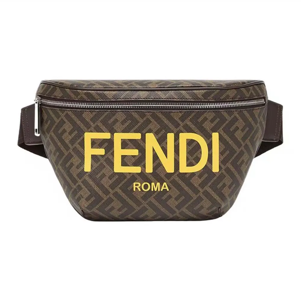 Front close-up of Fendi Men Diagonal Belt Bag Leather-Yellow with zipper detail