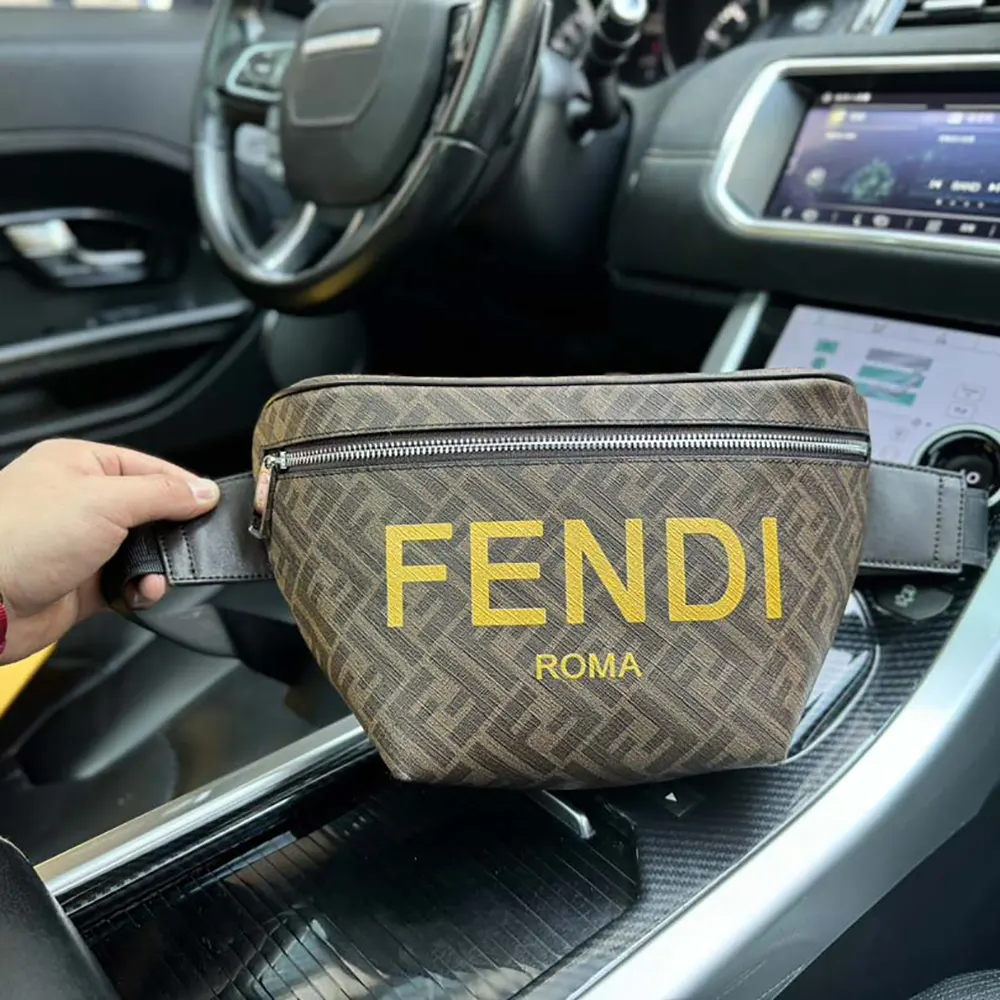 Side angle showing gold hardware and strap of Fendi Men Diagonal Belt Bag Leather-Yellow