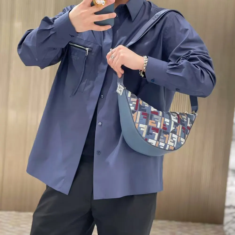 Close-up of silver hardware on Fendi Men Roma Leather Fendi Melon Small Fabric Blue