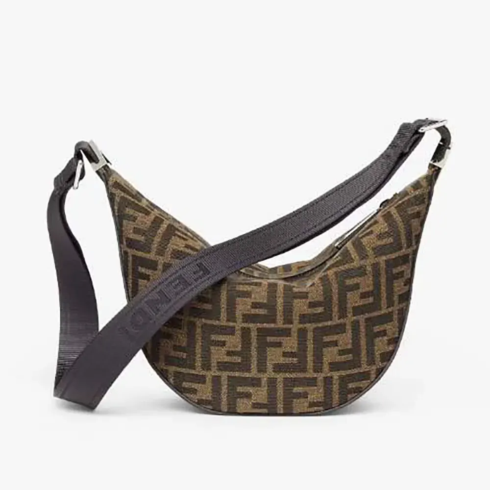 Front view of Fendi Unisex FF Jacquard Fendi Melon Small FF Bag in brown jacquard