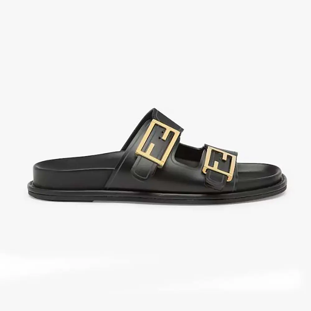 Side view of Fendi Unisex Feel Black Leather Slides showing sleek silhouette