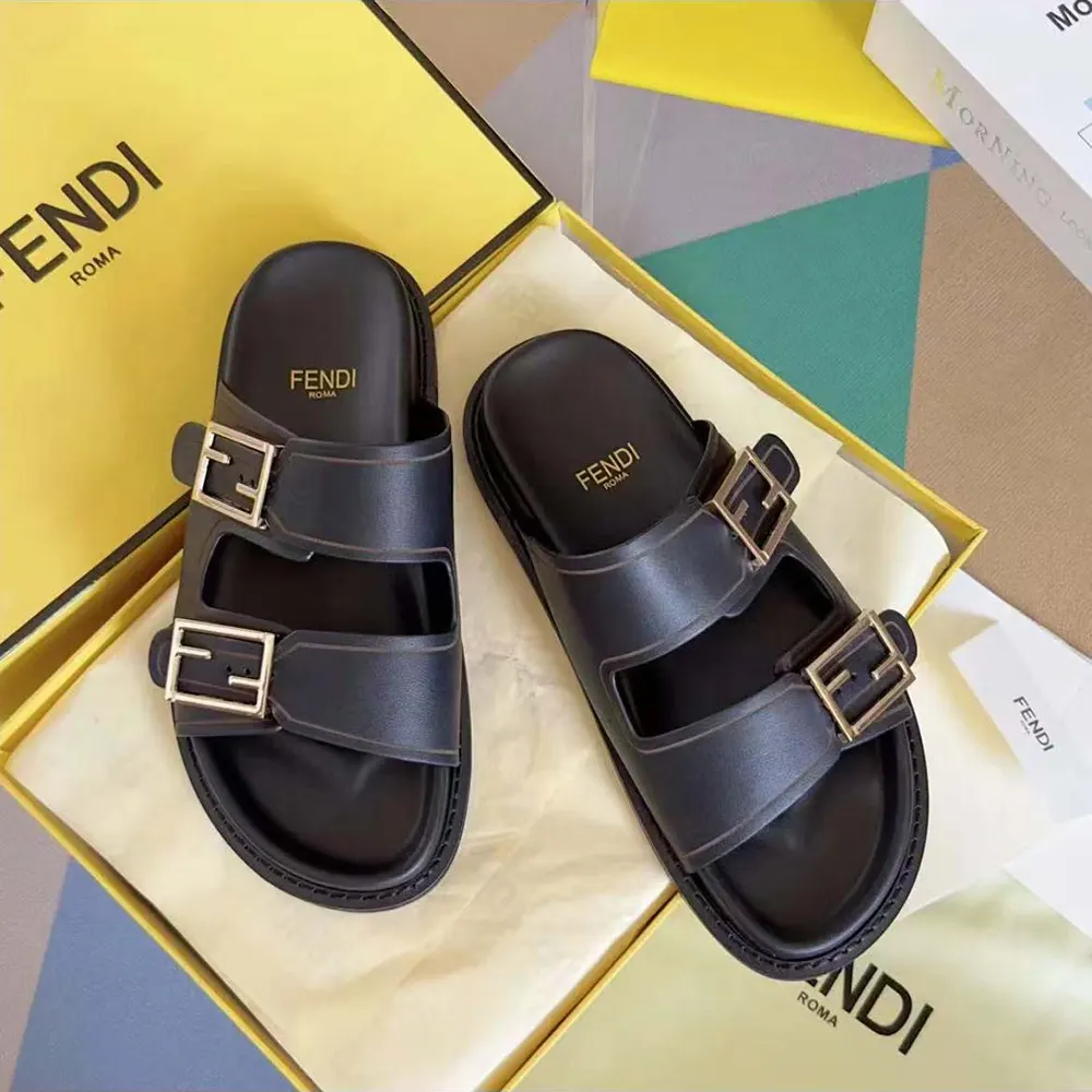 Top-down view of Fendi Unisex Feel Black Leather Slides highlighting cushioned footbed