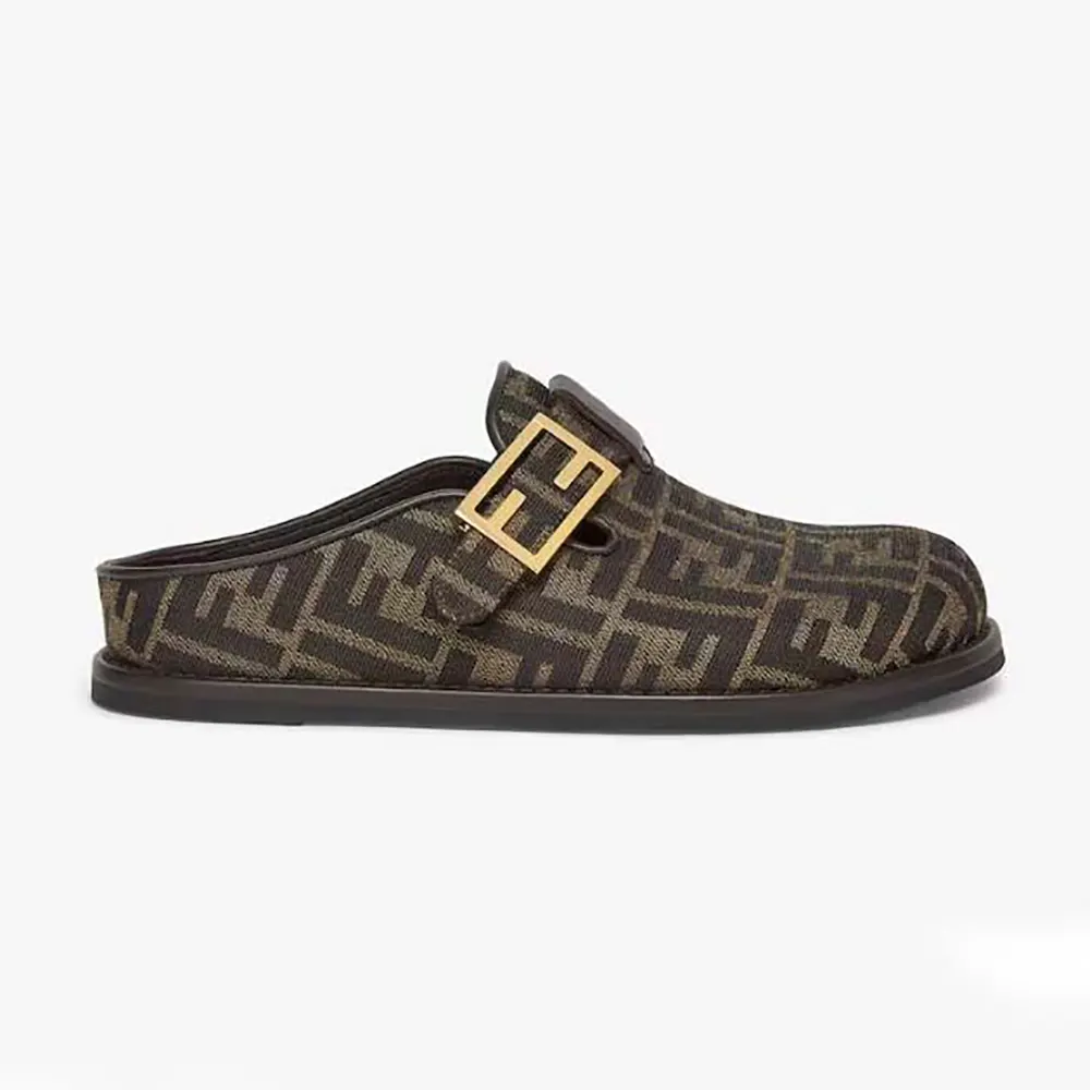 Side view of Fendi Unisex Feel Brown Fabric Sabots showing silhouette