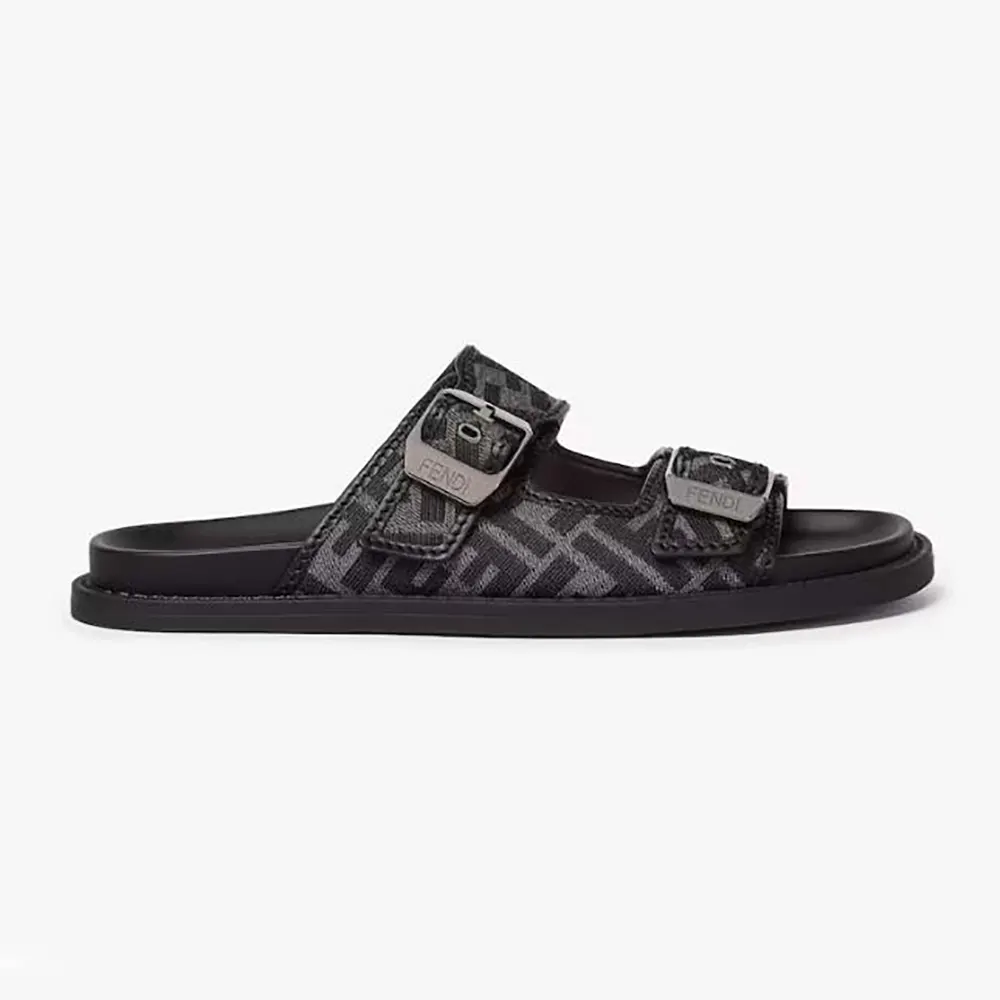 Side view of Fendi Unisex Feel Sandals FF Jacquard Fabric Sandals in black